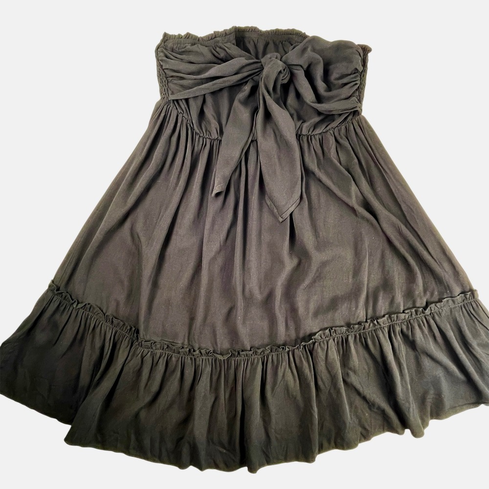 BellanBlue Black Strapless Tie Front Mini Dress Ruffle Smocked Boho Sun Dress L - Picture 2 of 7